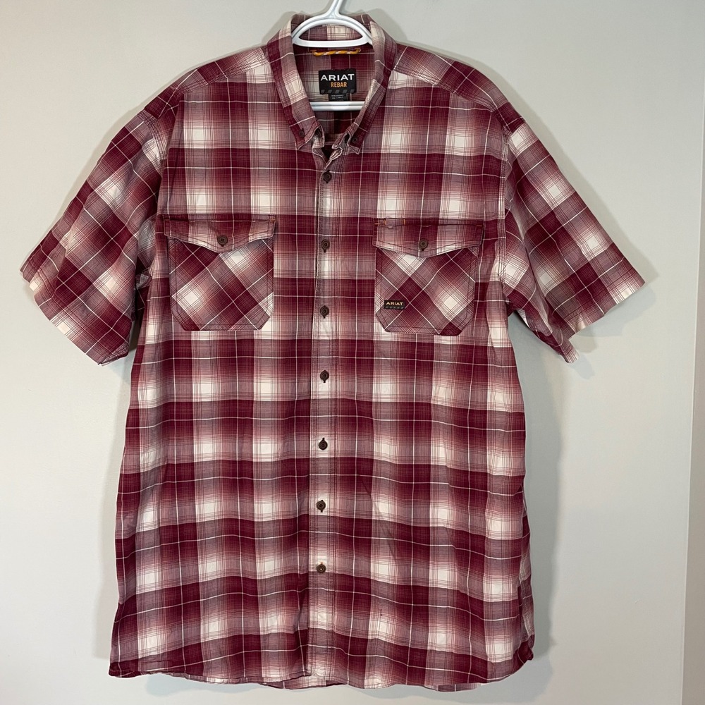 Ariat Rebar Mens XL Tall Burgundy Plaid Short Sleeve Button Work Shirt Western